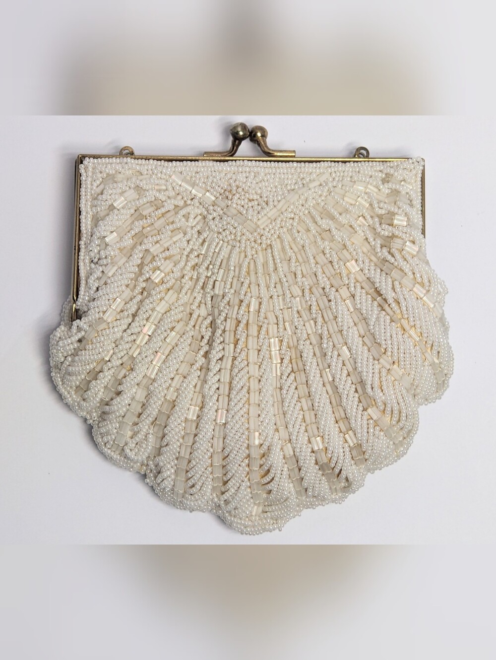 Vintage Judys Beaded Bridal Evening Bag, Kisslock, Clutch W/ Chain, Hong Kong